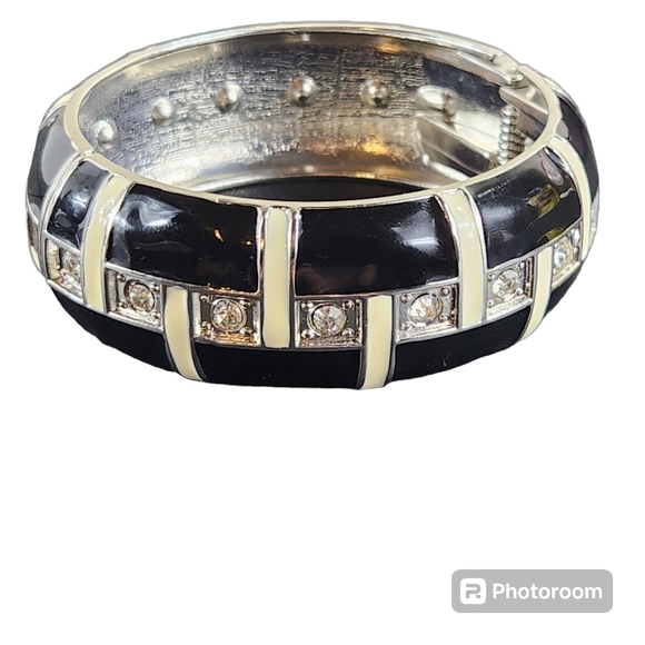 Retro Vintage Hinged Chunky Bangle Bracelet Black White Retro 80s 90s Y2k - Picture 4 of 8